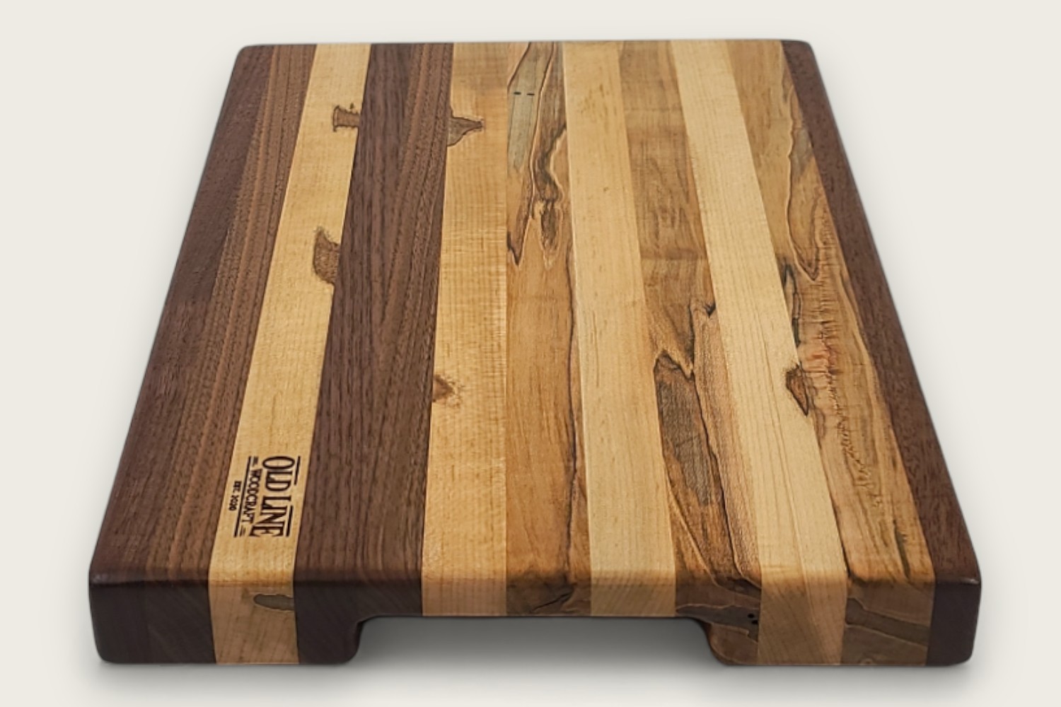 Spaulted Maple & Walnut Butcher Block Board with edge-grain horizontal pattern, light and dark wood tones.